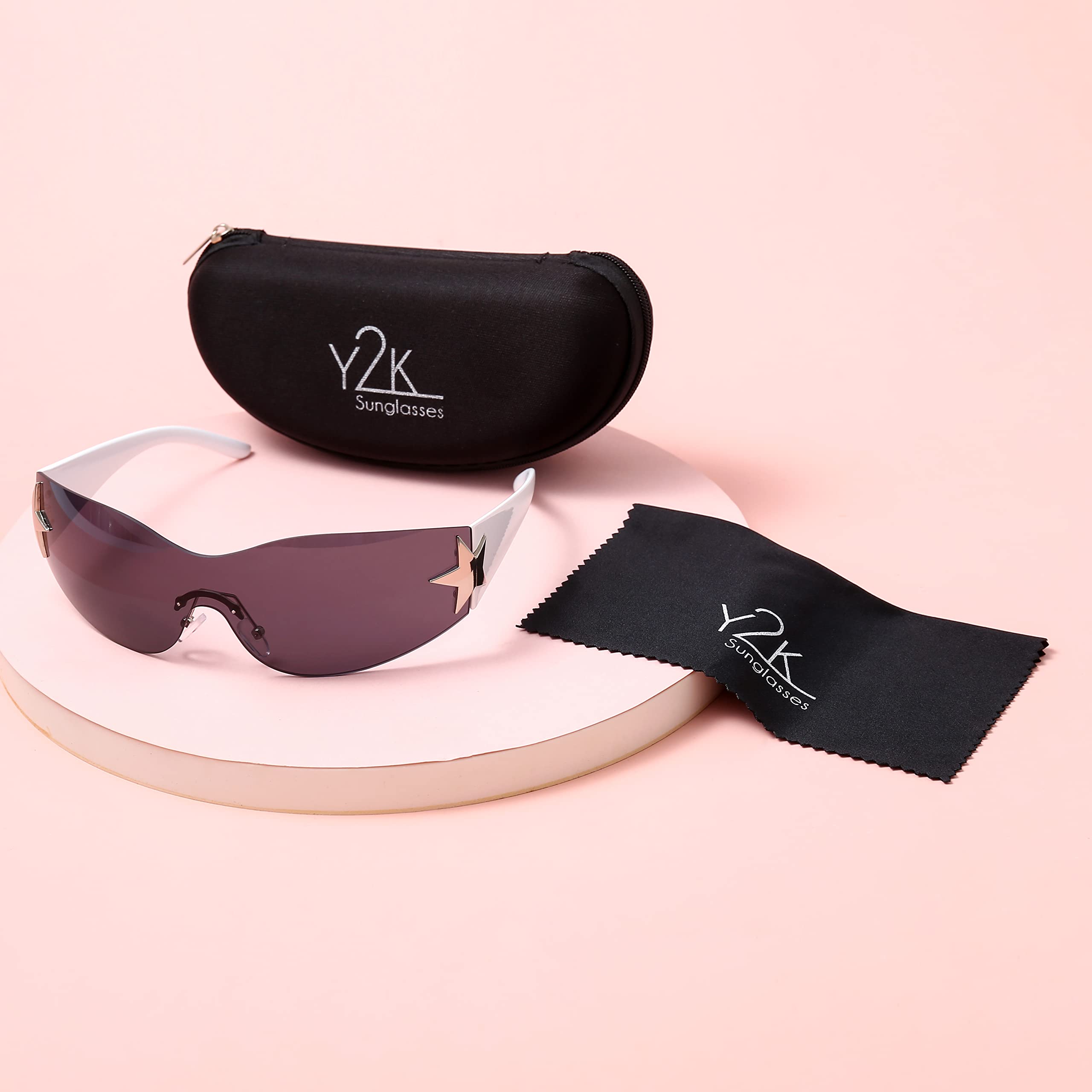 Y2K Sunglasses | 2000s Rimless Star Glasses for Women and Men - Shield Shades Wrap Around Oversized (2000s Y2K Trendy Outfit) (White+Black Shade)