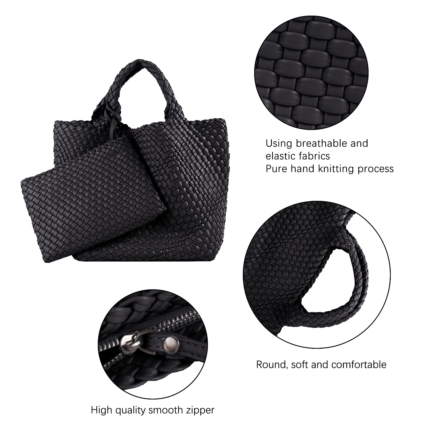 Woven Tote Bag, Women Macaron Soft Leather Weave Handbag Purse Wrist Bag Large Capacity Work Shopping Travel Daily (Black)