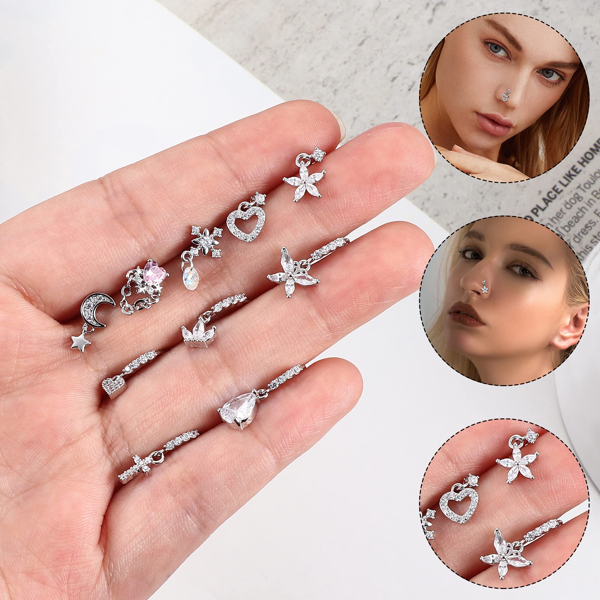 JOERICA 10 Pcs 20G Dangle Nose Rings Studs for Women 316L Stainless Steel L Shaped Nose Studs Heart Butterfly Moon Star Snowflake CZ Dangle Nose Rings Dangling Nose Piercing Jewelry