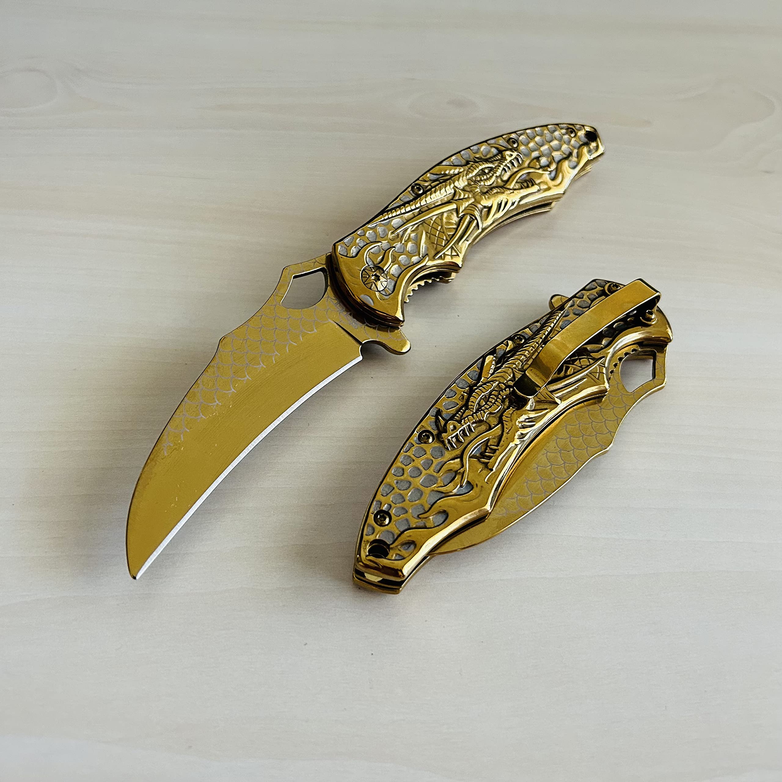 BladeDealUSA Dragon Design Assisted Open Folding Pocket Knife, Dragon Skin Blade, Gold Color, Hunting, Camping Accessories