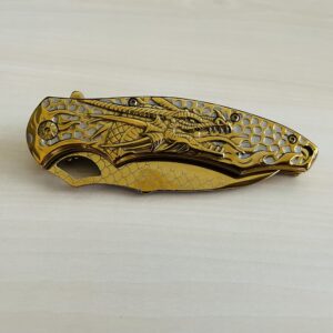 BladeDealUSA Dragon Design Assisted Open Folding Pocket Knife, Dragon Skin Blade, Gold Color, Hunting, Camping Accessories