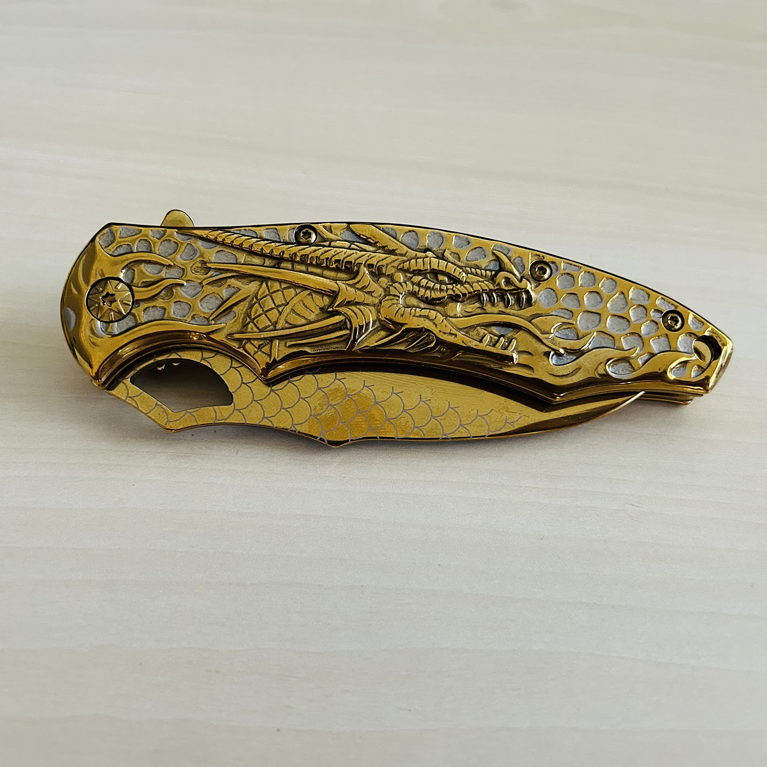 BladeDealUSA Dragon Design Assisted Open Folding Pocket Knife, Dragon Skin Blade, Gold Color, Hunting, Camping Accessories