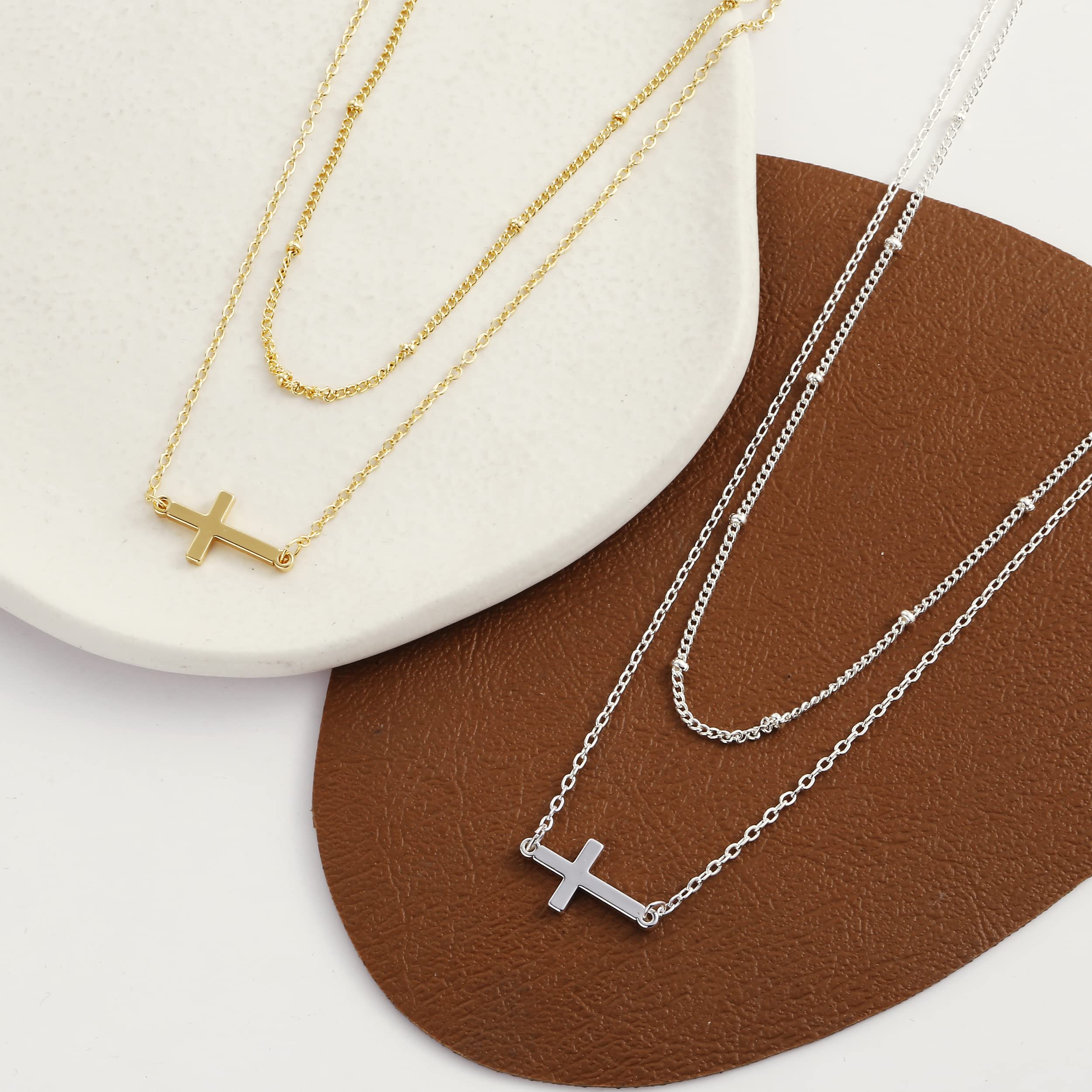 Pancert Dainty Cross Necklaces for Women 14k Gold Plated Necklace Sideways Cross Faith Pendant Chain Necklace Double Layered Satellite Choker Necklace Simple Tiny Necklace for Jewelry Gift