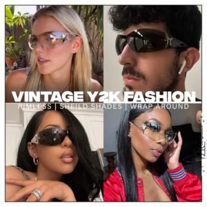 Y2K Sunglasses | 2000s Rimless Star Glasses for Women and Men - Shield Shades Wrap Around Oversized (2000s Y2K Trendy Outfit) (White+Black Shade)