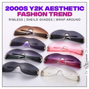 Y2K Sunglasses | 2000s Rimless Star Glasses for Women and Men - Shield Shades Wrap Around Oversized (2000s Y2K Trendy Outfit) (White+Black Shade)