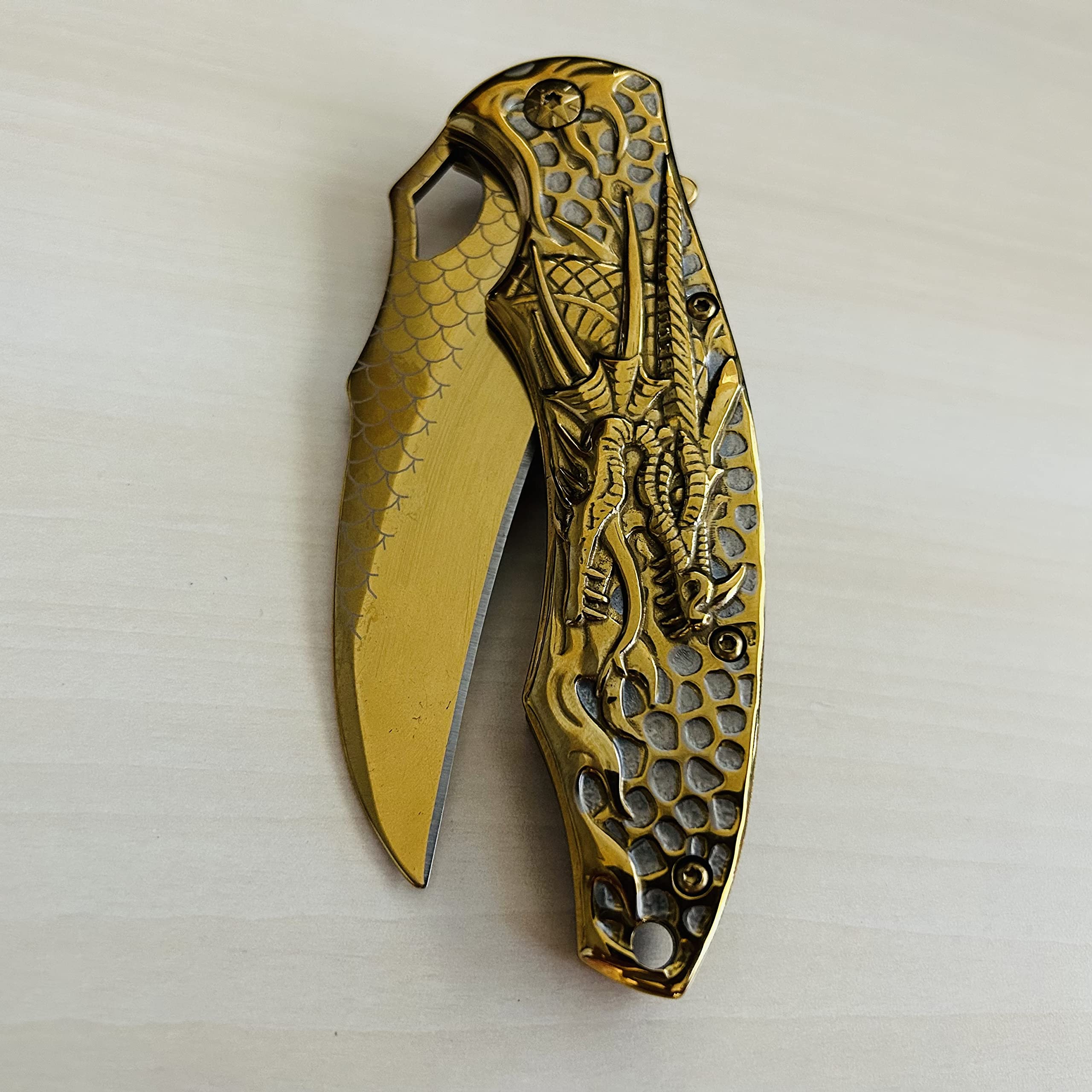 BladeDealUSA Dragon Design Assisted Open Folding Pocket Knife, Dragon Skin Blade, Gold Color, Hunting, Camping Accessories