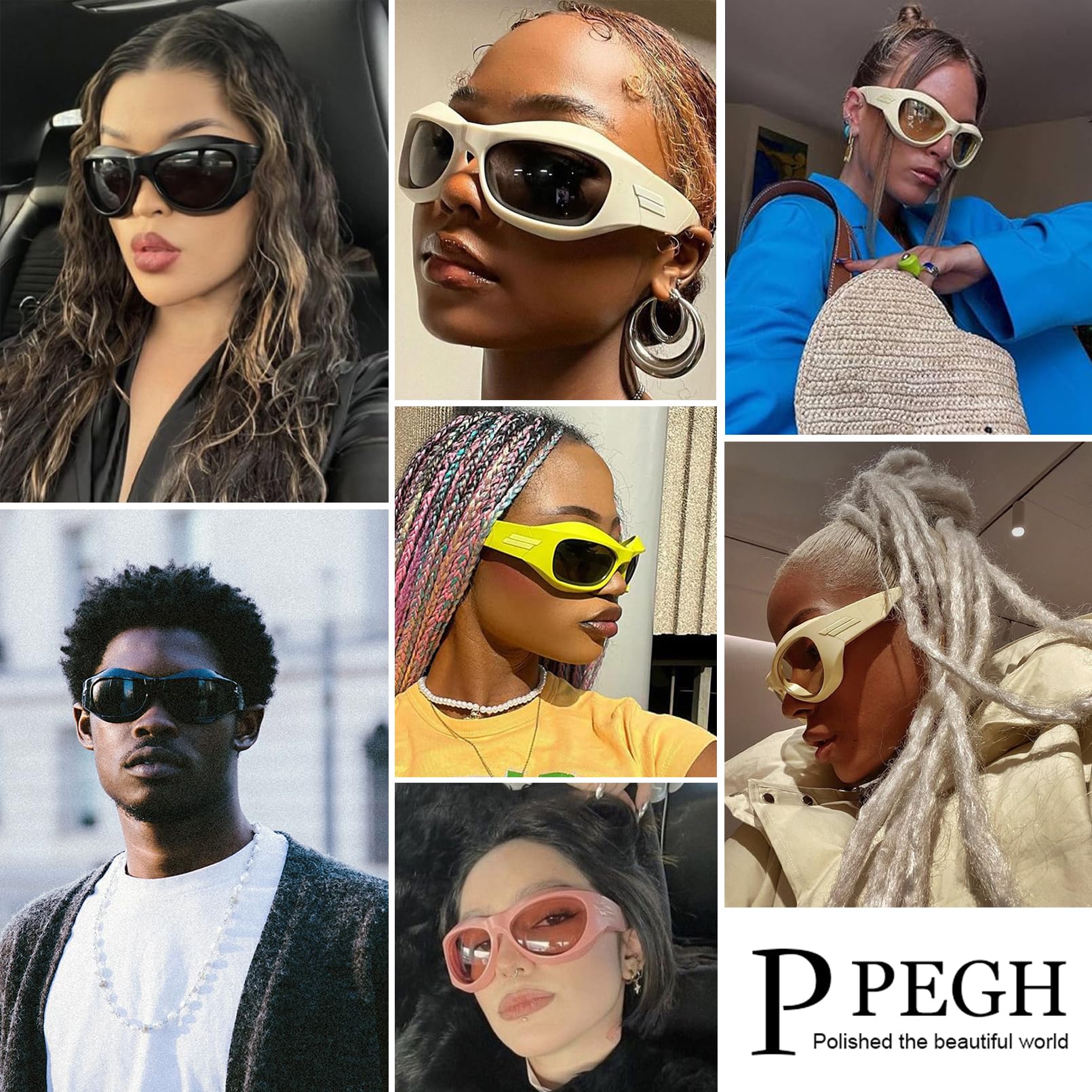 PEGH Wrap Around Sunglasses Y2K Fashion Oversized Oval Sunglasses for Men Women Trendy (Beige Frame Yellow Lens)