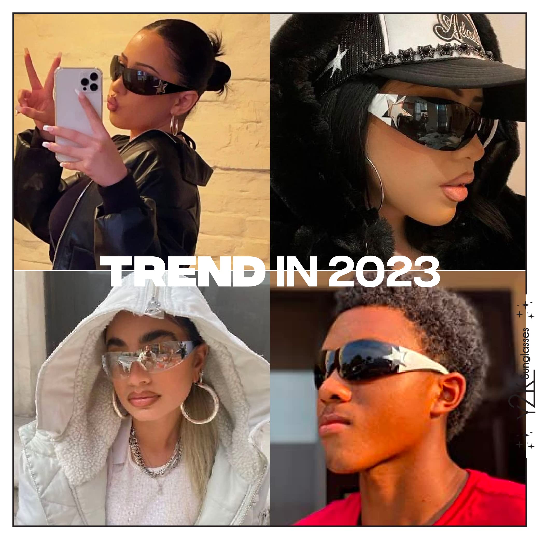 Y2K Sunglasses | 2000s Rimless Star Glasses for Women and Men - Shield Shades Wrap Around Oversized (2000s Y2K Trendy Outfit) (White+Black Shade)