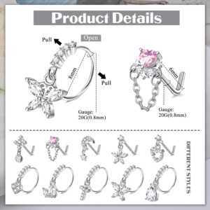 JOERICA 10 Pcs 20G Dangle Nose Rings Studs for Women 316L Stainless Steel L Shaped Nose Studs Heart Butterfly Moon Star Snowflake CZ Dangle Nose Rings Dangling Nose Piercing Jewelry