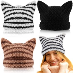 Hercicy 3 Pcs Women Knitted Cat Beanie Stripe Winter Warm Cap with Devil Horn Grunge Accessories Slouchy Hat Crochet Beanie with Ears (Classic Colors)