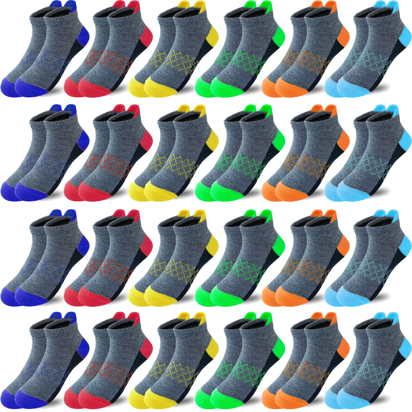 Tsmollyu Boy Socks 24 Pairs Half Cushioned Low Cut Socks Ankle Athletic Sports Socks With Cushioned Sole For Little Big Kids Age 3-14(7-10 Years)