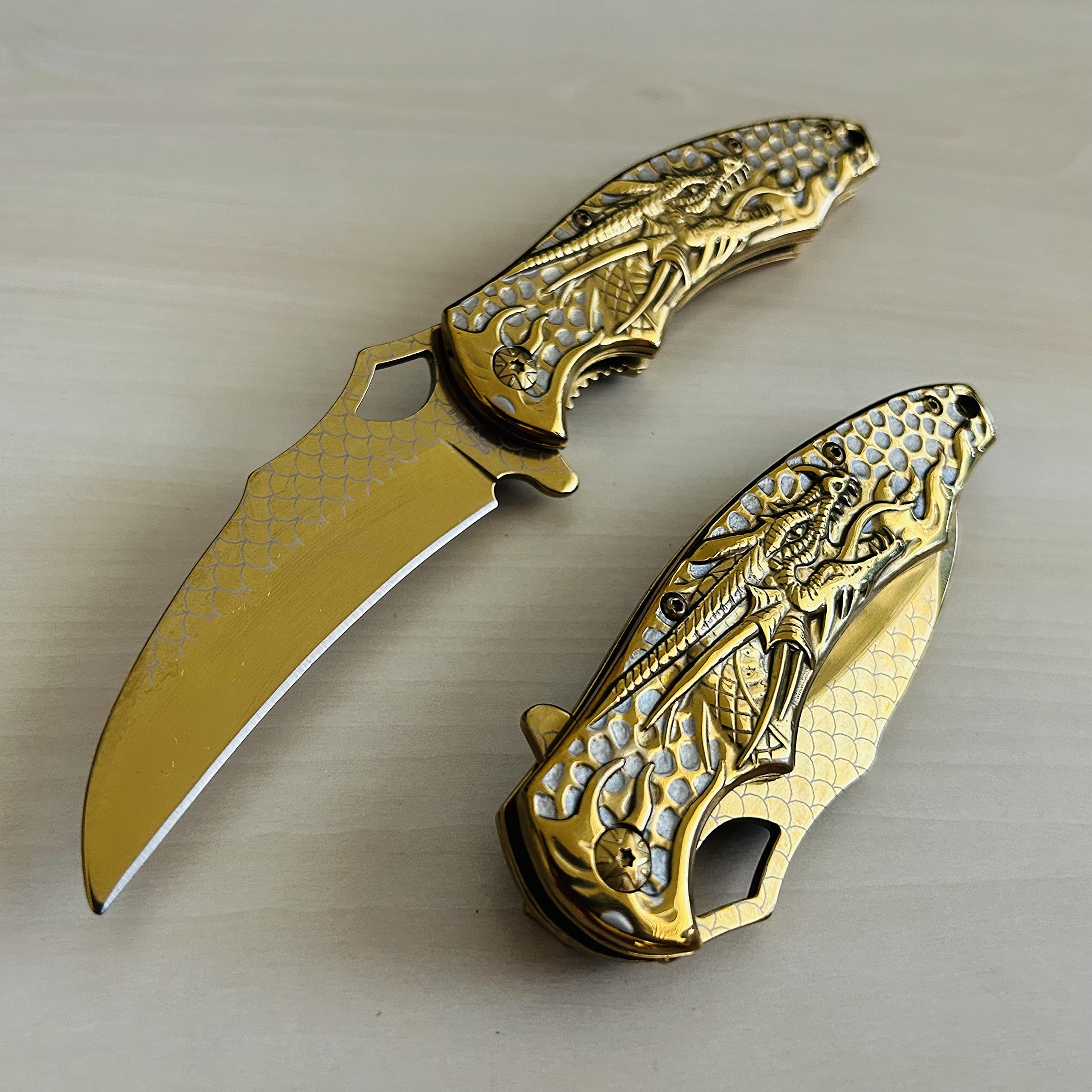 BladeDealUSA Dragon Design Assisted Open Folding Pocket Knife, Dragon Skin Blade, Gold Color, Hunting, Camping Accessories