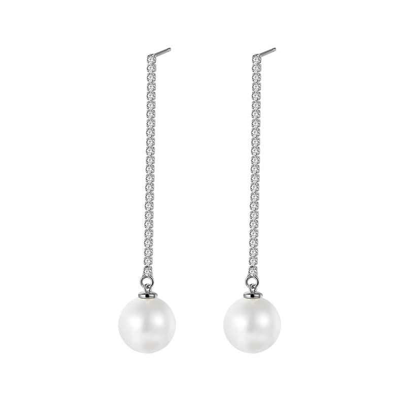 14K Gold Freshwater Cultured Pearl Dangle Earrings for Women,Long Chain Gold and Moissanite Drop Earrings,Fashion Jewelry Gift for Her (White Gold, 14K Gold)