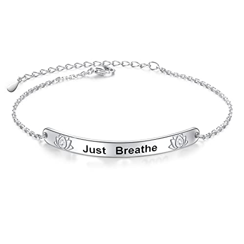 925 Sterling Silver Just Breathe Bracelet for Women for Anxiety Stress Relieving Lotus Flower Charm Bracelets for Lady Yoga Fans Inspirational Cuff Bangle Bracelets