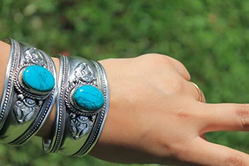 Boho One Stone Blue Stabilized-Turquoise Adjustable Cuff Bracelet | Jewelry for Men & Women