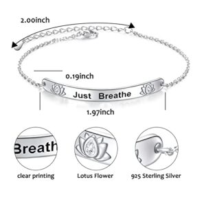 925 Sterling Silver Just Breathe Bracelet for Women for Anxiety Stress Relieving Lotus Flower Charm Bracelets for Lady Yoga Fans Inspirational Cuff Bangle Bracelets