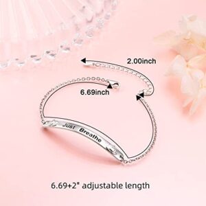 925 Sterling Silver Just Breathe Bracelet for Women for Anxiety Stress Relieving Lotus Flower Charm Bracelets for Lady Yoga Fans Inspirational Cuff Bangle Bracelets