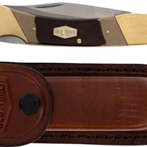 Old Timer 7OT Cave Bear Traditional Lockback Pocket Knife with 3.9in High Carbon Stainless Steel Blade, Sawcut Handles, and Leather Belt Sheath for Hunting, Camping, Whittling, EDC, and Outdoors