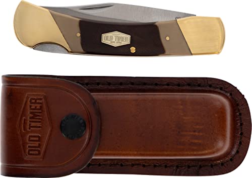 Old Timer 7OT Cave Bear Traditional Lockback Pocket Knife with 3.9in High Carbon Stainless Steel Blade, Sawcut Handles, and Leather Belt Sheath for Hunting, Camping, Whittling, EDC, and Outdoors