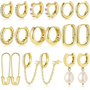 9 Pairs Small Gold Huggie Hoop Earrings for Women, 14K Gold Plated Lightweight Cartilage Earring Set, Hypoallergenic Gold Hoop Earrings