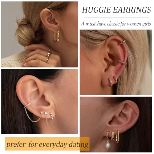 9 Pairs Small Gold Huggie Hoop Earrings for Women, 14K Gold Plated Lightweight Cartilage Earring Set, Hypoallergenic Gold Hoop Earrings