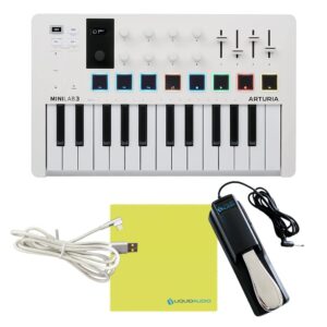 arturia minilab 3 midi keyboard controller bundle with deluxe sustain pedal, usb cable & liquid audio polishing cloth - 25 key midi keyboard for recording studio equipment, software included (white)