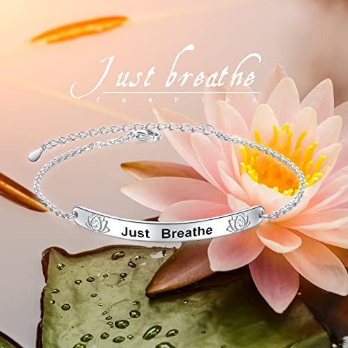 925 Sterling Silver Just Breathe Bracelet for Women for Anxiety Stress Relieving Lotus Flower Charm Bracelets for Lady Yoga Fans Inspirational Cuff Bangle Bracelets