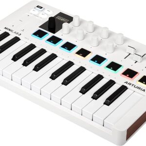 Arturia MiniLab 3 MIDI Keyboard Controller Bundle with Deluxe Sustain Pedal, USB Cable & Liquid Audio Polishing Cloth - 25 Key MIDI Keyboard for Recording Studio Equipment, Software Included (WHITE)