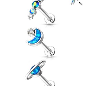 Melighting Labret Jewelry Internally Threaded 16G Blue Glitter Planet Labret Stud Stainless Steel 316L Moon Helix Earrings Star Tragus Conch Piercing Jewelry for Women