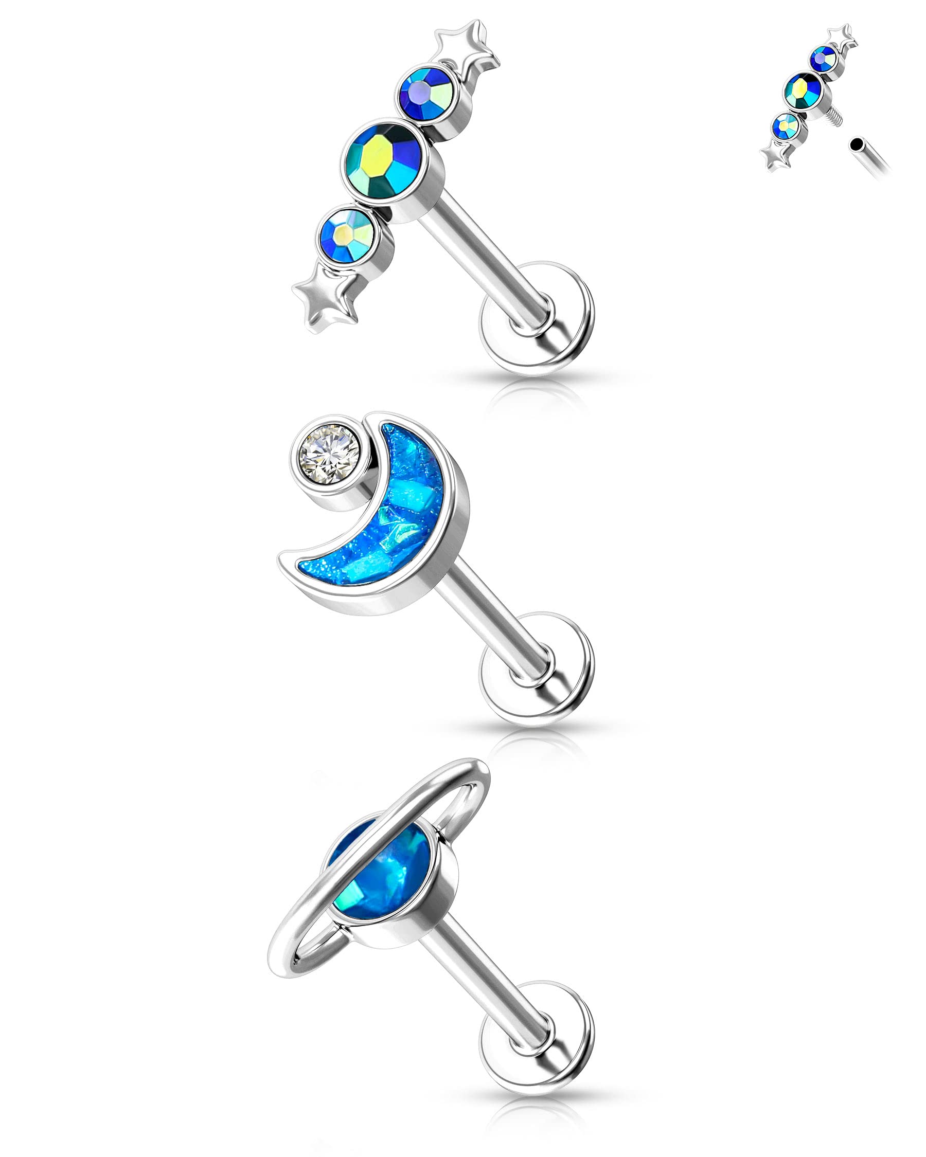 Melighting Labret Jewelry Internally Threaded 16G Blue Glitter Planet Labret Stud Stainless Steel 316L Moon Helix Earrings Star Tragus Conch Piercing Jewelry for Women