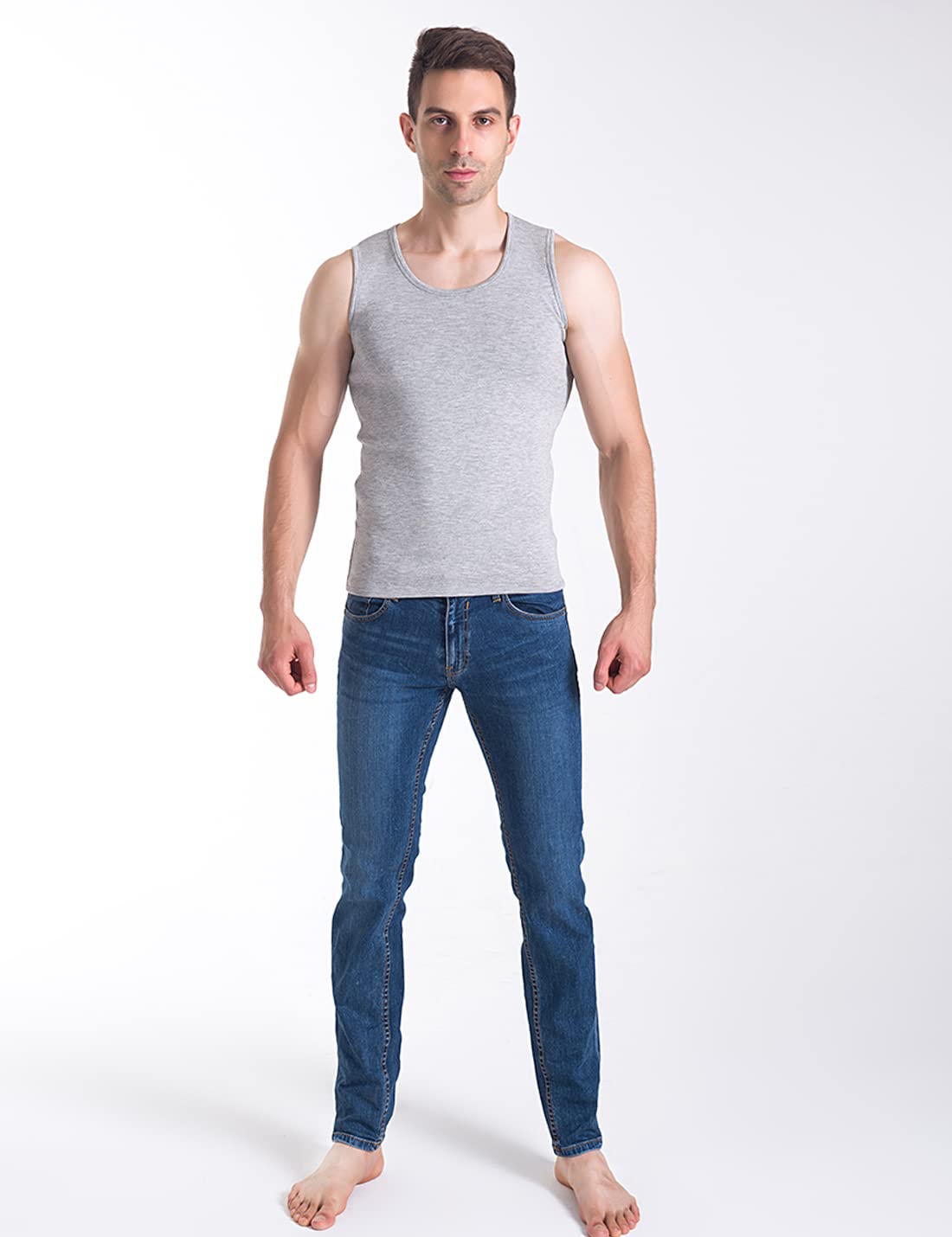 Locachy Men's Cotton Winter Warm Thermal Underwear Sleeveless Vest Fleece Lined Base Layer Tank Top Light Grey L