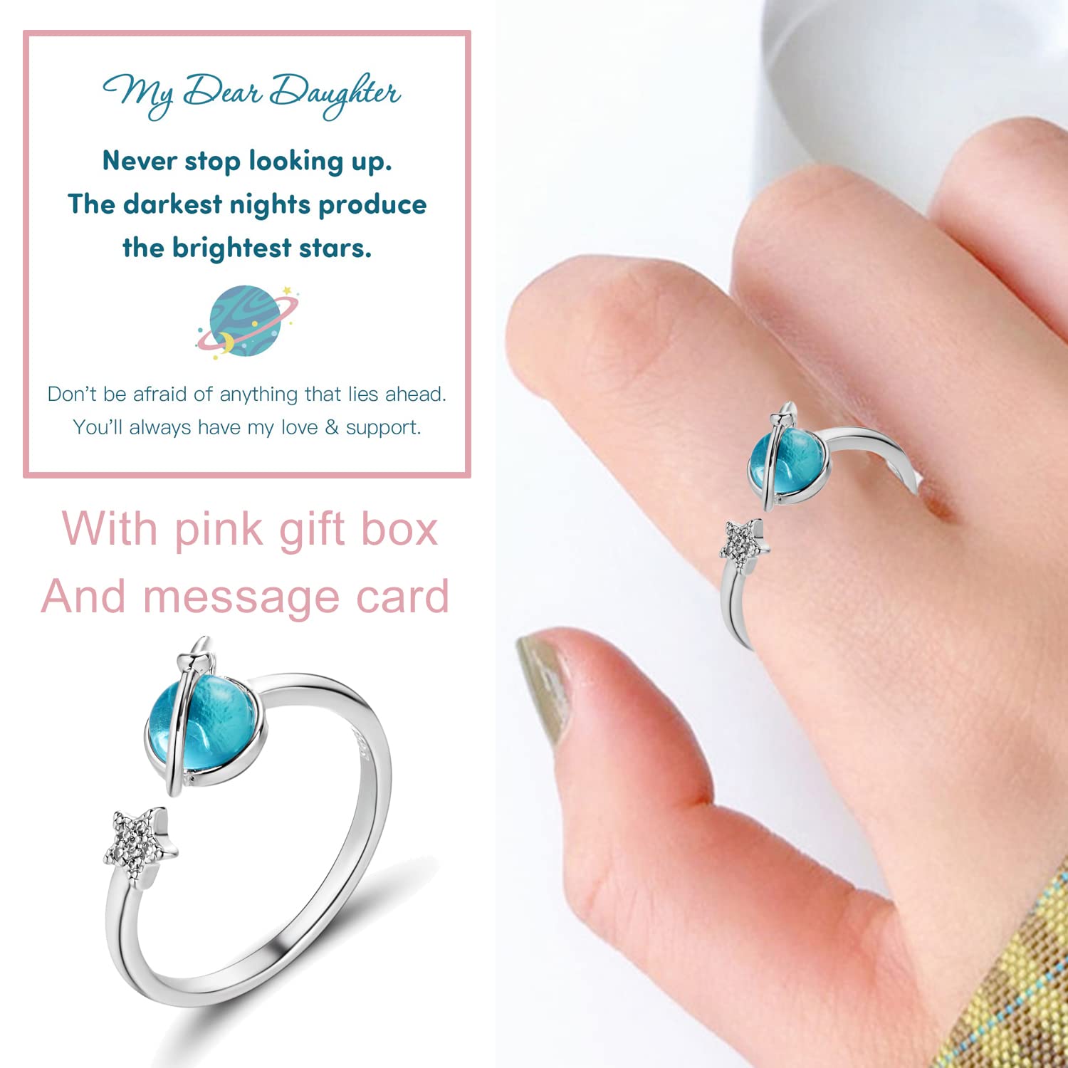 BELLA-Bee To My Beautiful Daughter Granddaughter Star Rings Sparkling Cubic Zirconia Planet Stars Rings Gift For Granddaughter (To My Daughter, With Card A)