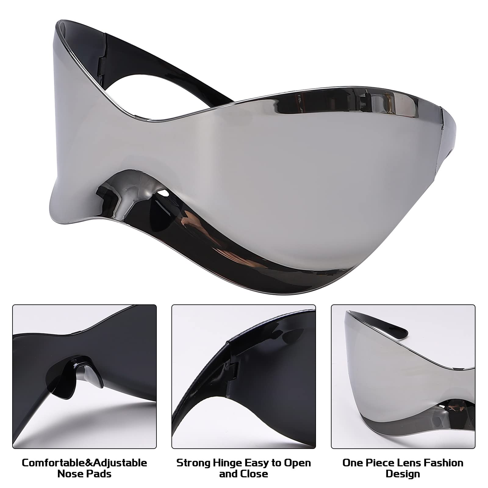 GUVIVI Futuristic Sunglasses for Men Women Oversized Wrap Around Shield Fashion Superhero Chic Mask Sun Glasses Shades Silver