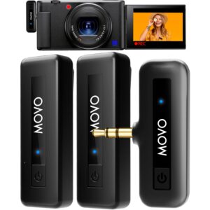 movo mini-duo wireless microphones for cameras, wireless camera mini mic - 3.5mm lapel microhone for sony, canon, and nikon dslr - 2.4ghz transmitter