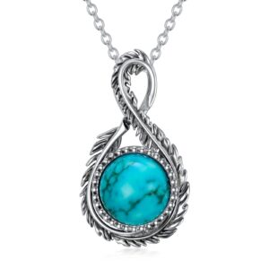 bethza natural turquoise necklace for women 925 sterling silver oxidized genuine gemstone infinity feather pendant western jewelry gifts for birthday christmas