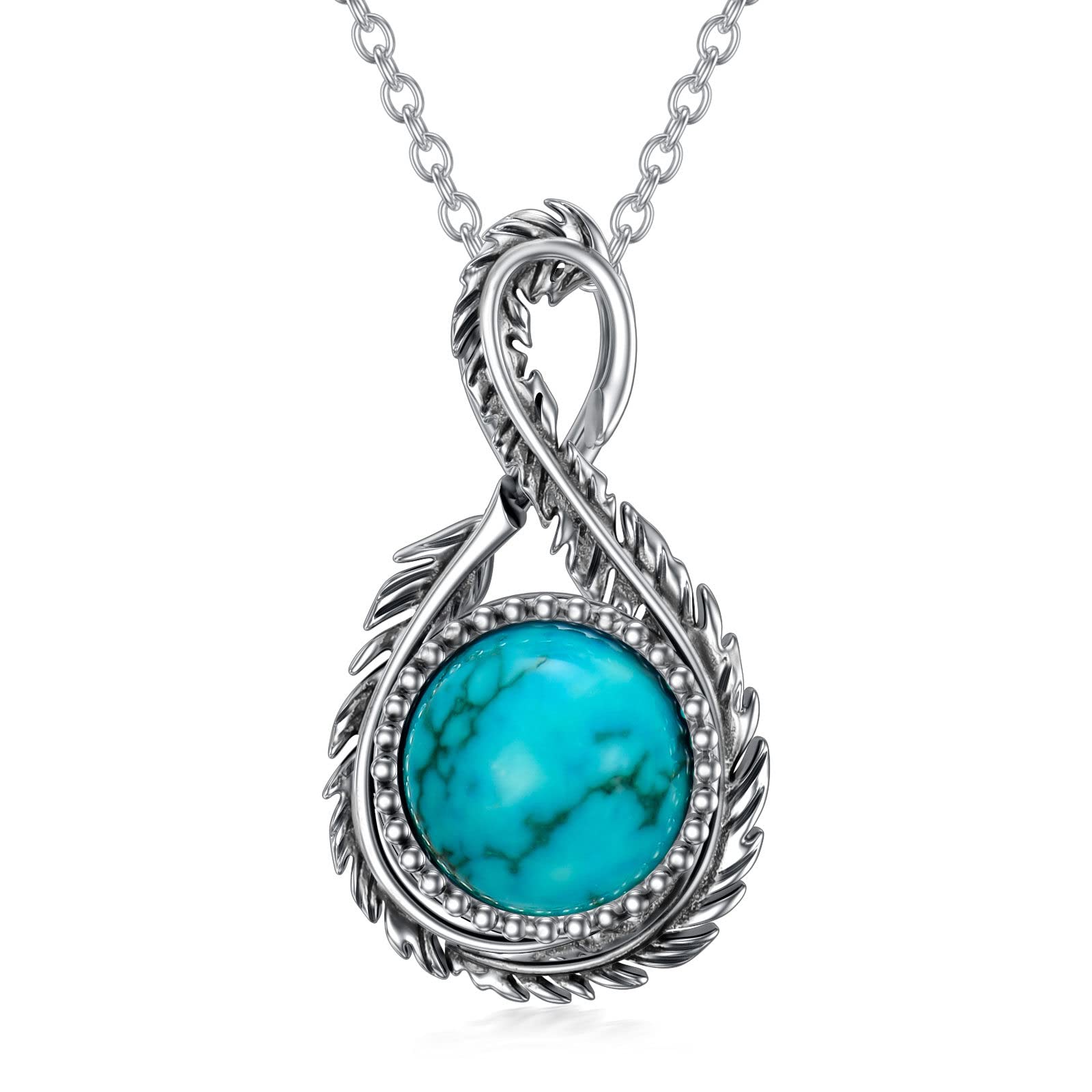 BETHZA Natural Turquoise Necklace for Women 925 Sterling Silver Oxidized Genuine Gemstone Infinity Feather Pendant Western Jewelry Gifts for Birthday Christmas