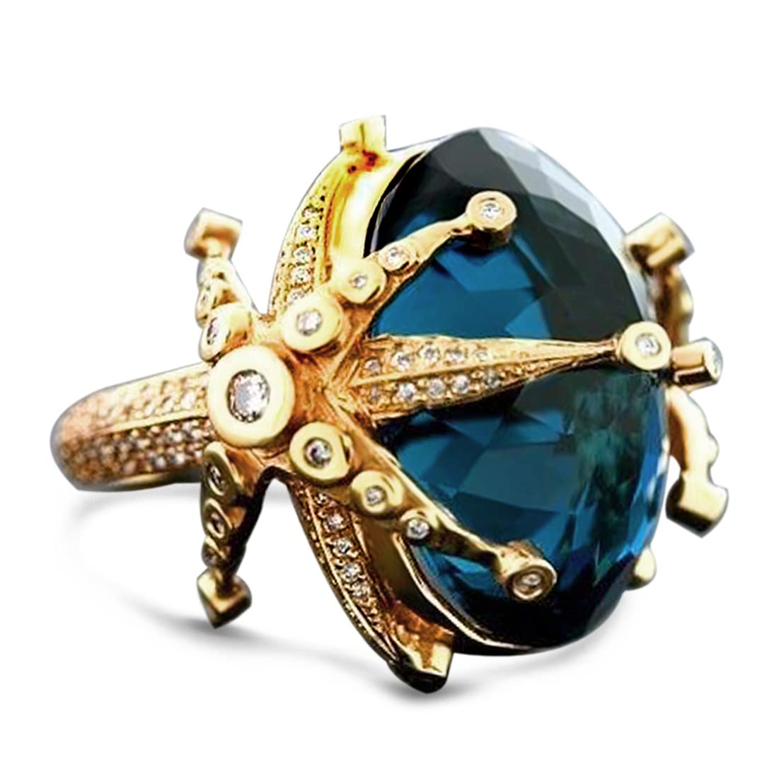 MYLYAHY Womens Exaggeration Starfish Blue Cubic Zirconia Ring,14K Yellow Gold Sapphire Ring Blue Gemstone CZ Crystal Punk Biker Gothic Cocktail Party Ring Jewelry Gift for Women Girls Her (Ring_A, 8)