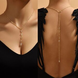 jumwrit pearl backdrop necklace rhinestone back necklace body chain gold chain bridal back necklace love heart pendant necklace wedding body jewelry for women girls(style 3)