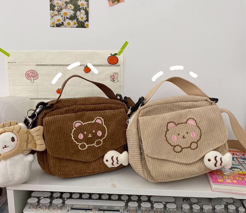 AWXZOM small cute Corduroy Crossbody bag min Kawaii Purse Crossbody Bag small Kawaii Wallet small Kawaii Crossbody Bag come with a duck pin (Beige)