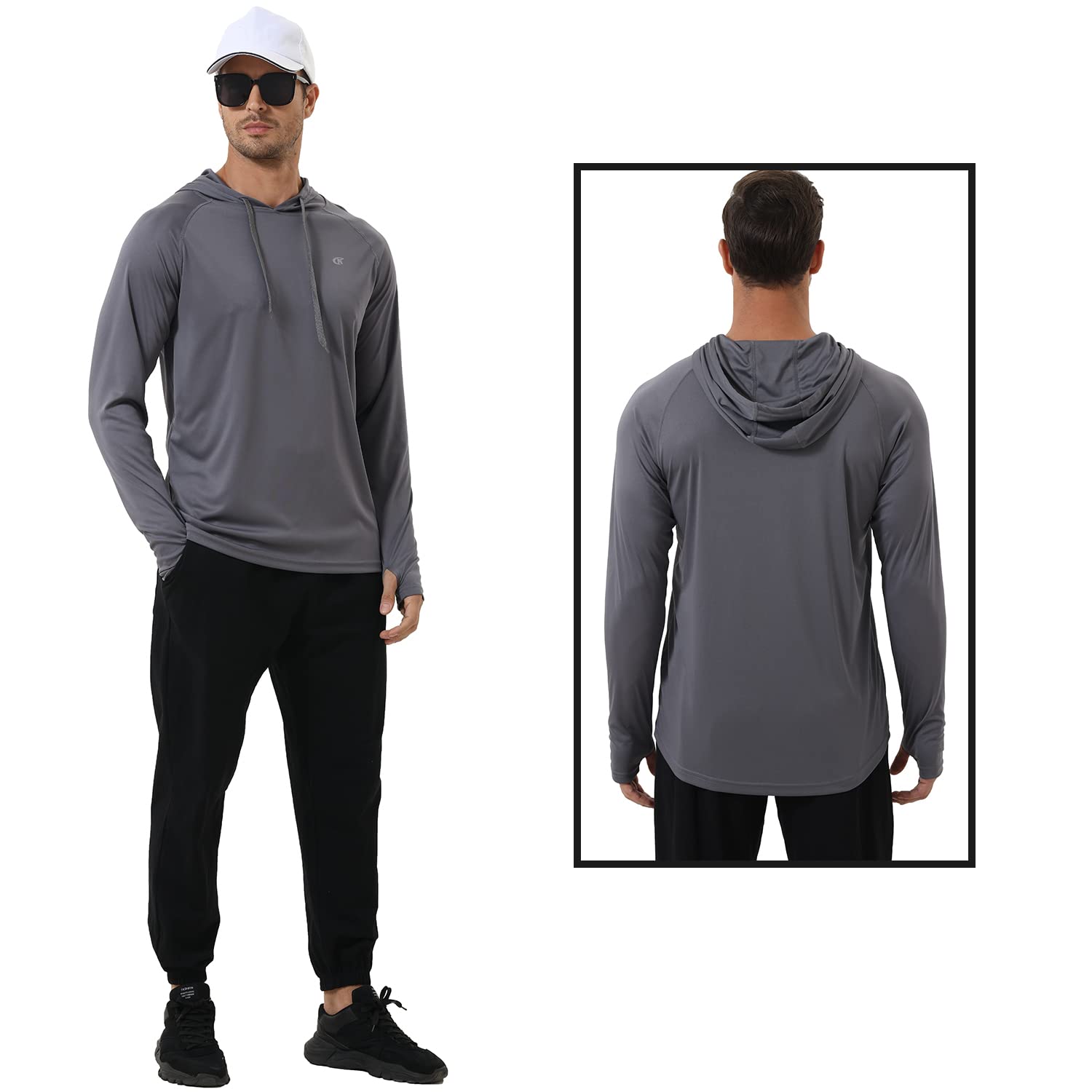 Men's UPF 50+ Long Sleeve Hooded Shirts Sun Protection Athletic Hoodie for Fishing Hiking Running Workout Rash Guard Shirt Charcoal Grey M