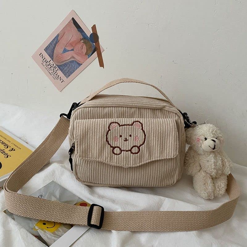 AWXZOM small cute Corduroy Crossbody bag min Kawaii Purse Crossbody Bag small Kawaii Wallet small Kawaii Crossbody Bag come with a duck pin (Beige)