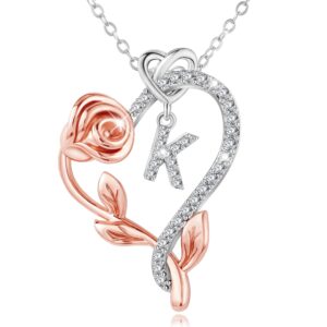 SNZM Initial Necklaces for Women-925 Sterling Silver Rose Heart Letter Pendant Necklace with 5A Cubic Zirconia Dainty Jewelry Birthday Christmas Gifts for Daughter Wife Mum