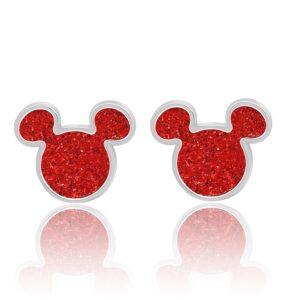 Disney Mickey Mouse Earrings - Silver Plated Mickey Mouse Stud Earrings with Red Glitter - Disney Jewelry for Women