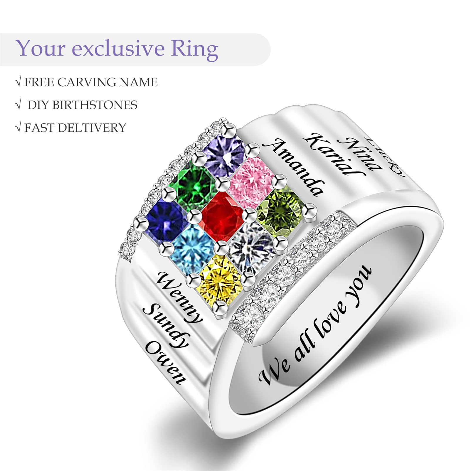 YOOURNEONS Personalized Sterling Silver Names Ring with 1-9 Simulated Birthstones for Women Free Engraving Family Rings for Mother Grandma Christmas Gifts for Her (9 stones)