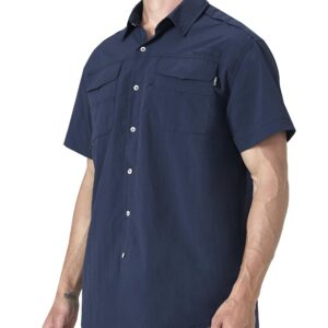 Mens Short Sleeve Fishing Shirts UPF 50+ Sun Potection UV Shirts for Hiking Button Down Shirts with Velcro Pockets for Work Navy