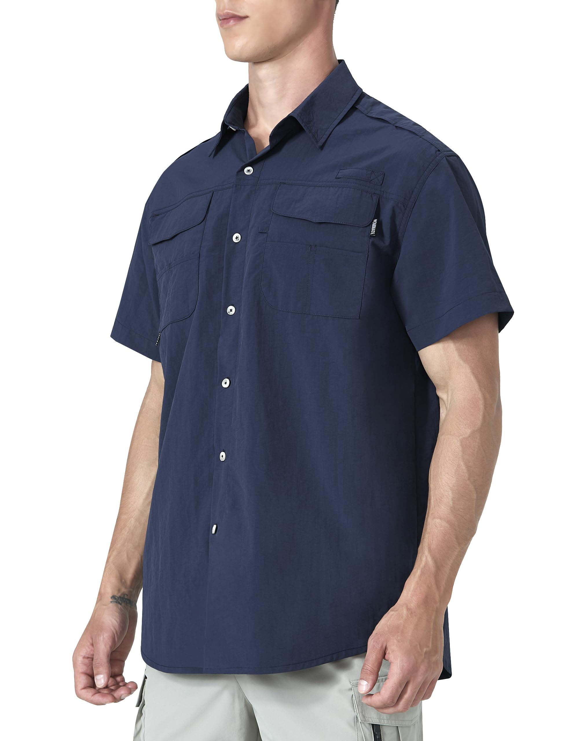 Mens Short Sleeve Fishing Shirts UPF 50+ Sun Potection UV Shirts for Hiking Button Down Shirts with Velcro Pockets for Work Navy