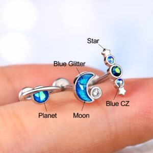 Melighting Labret Jewelry Internally Threaded 16G Blue Glitter Planet Labret Stud Stainless Steel 316L Moon Helix Earrings Star Tragus Conch Piercing Jewelry for Women