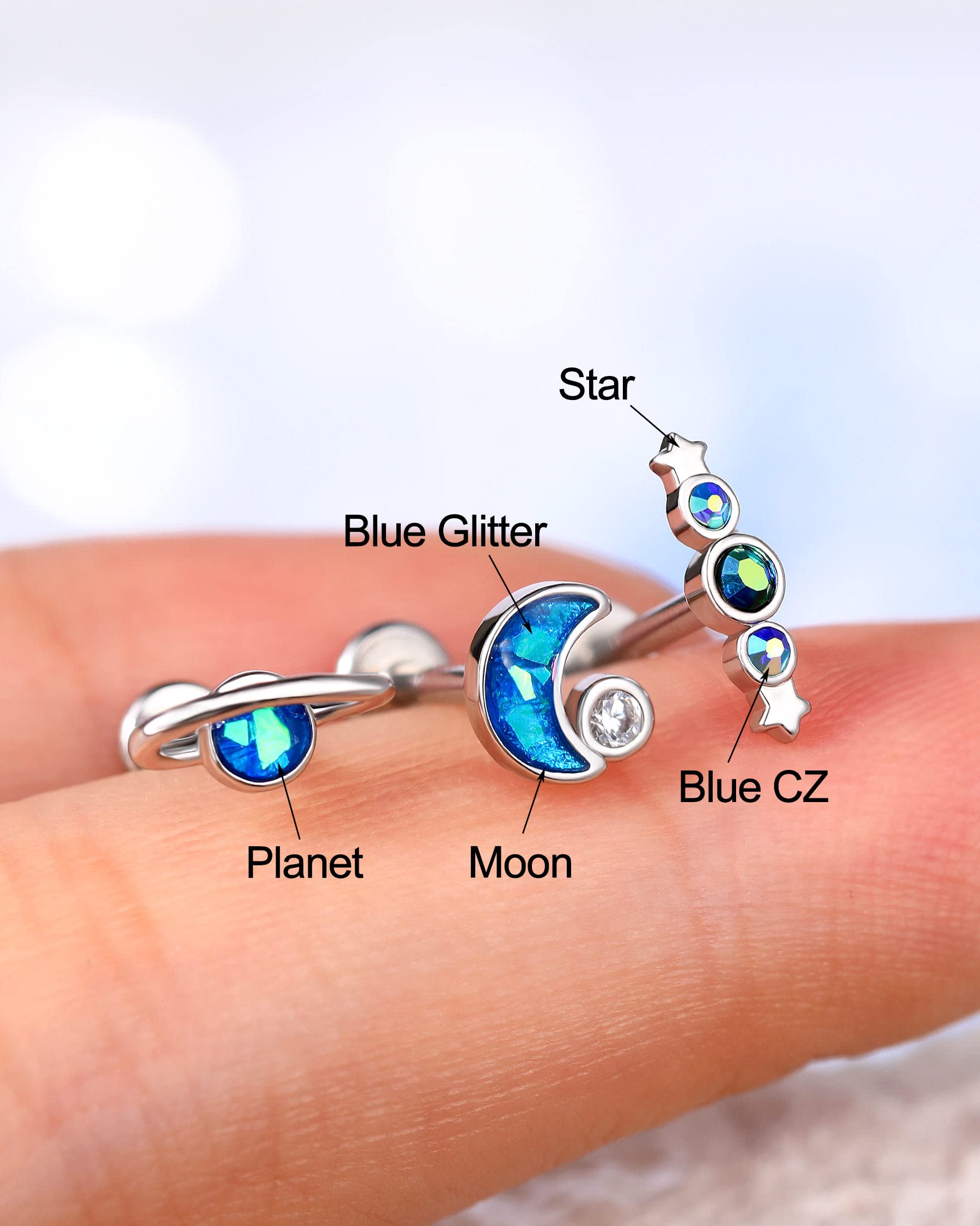 Melighting Labret Jewelry Internally Threaded 16G Blue Glitter Planet Labret Stud Stainless Steel 316L Moon Helix Earrings Star Tragus Conch Piercing Jewelry for Women