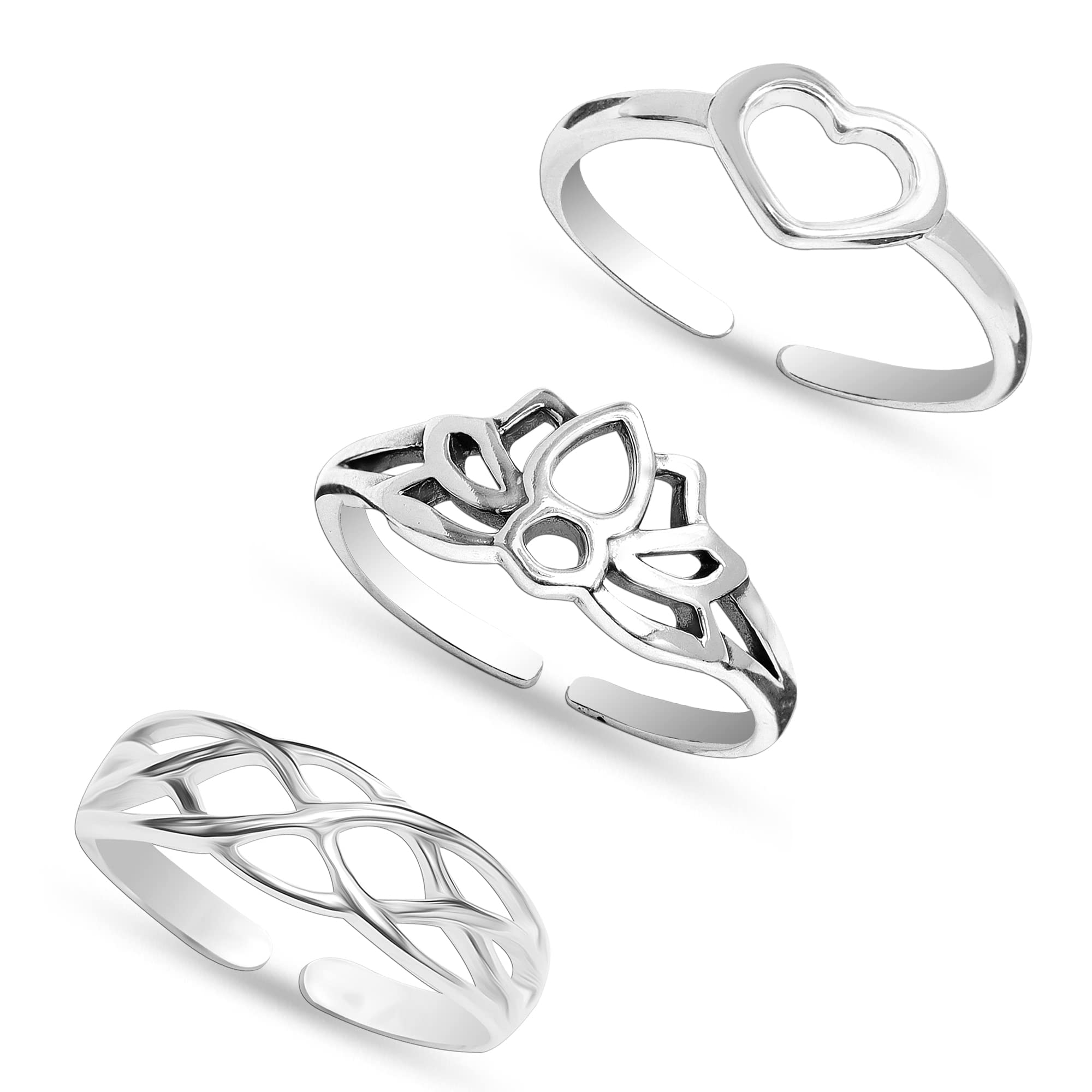 LeCalla 3 Pcs 925 Sterling Silver Heart Infinity Celtic Knot Cute Flower Ring Open Adjustable Toe Rings for Women