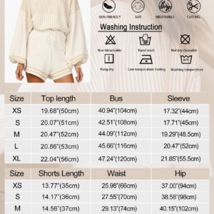 VDWIP Women's Casual Striped 2 Piece Knitted Outfits Crewneck Wide Leg Pullover Knit Shorts Sweater Set (White-M)